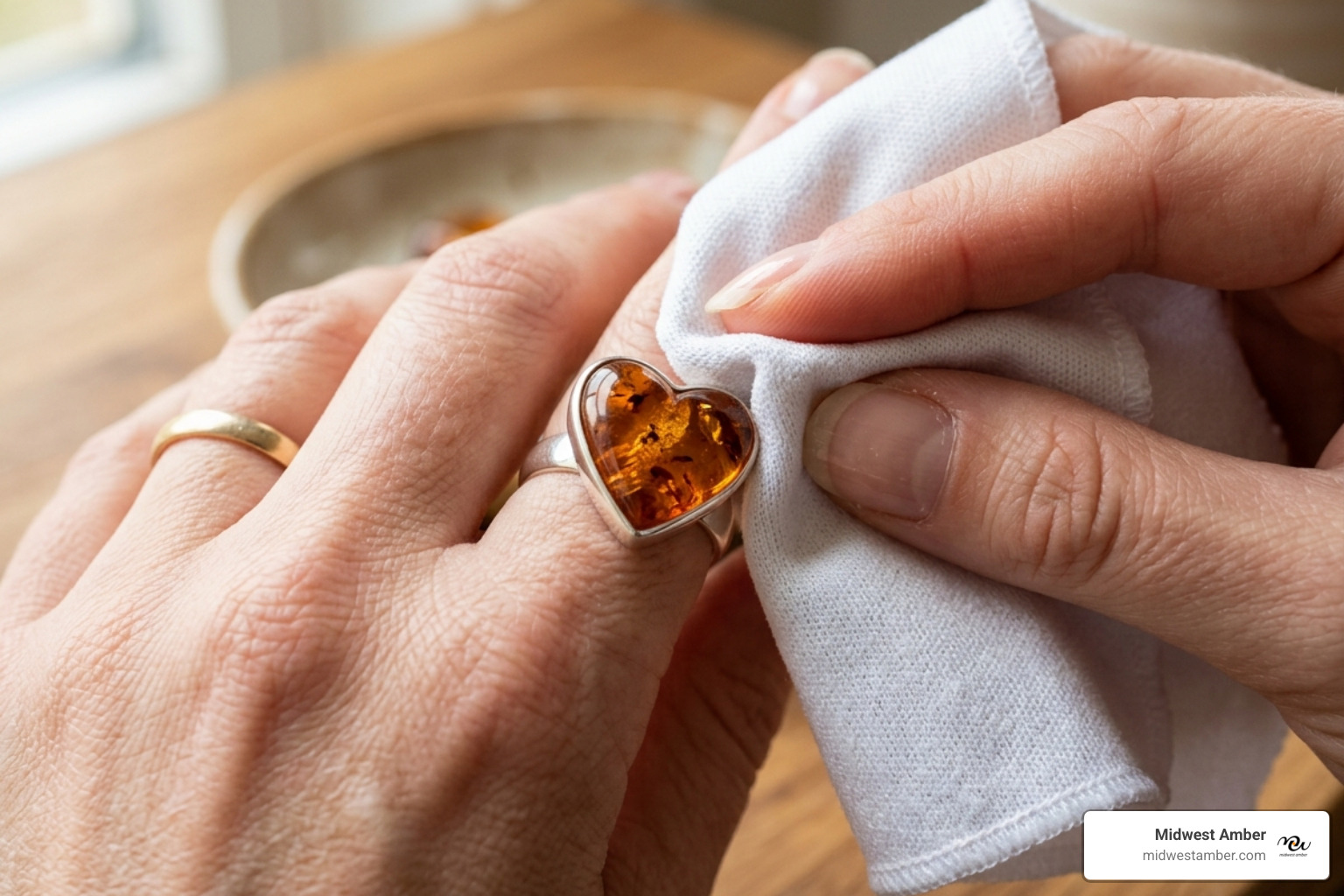 Person gently wiping an amber ring with a soft microfiber cloth - amber jewelry care