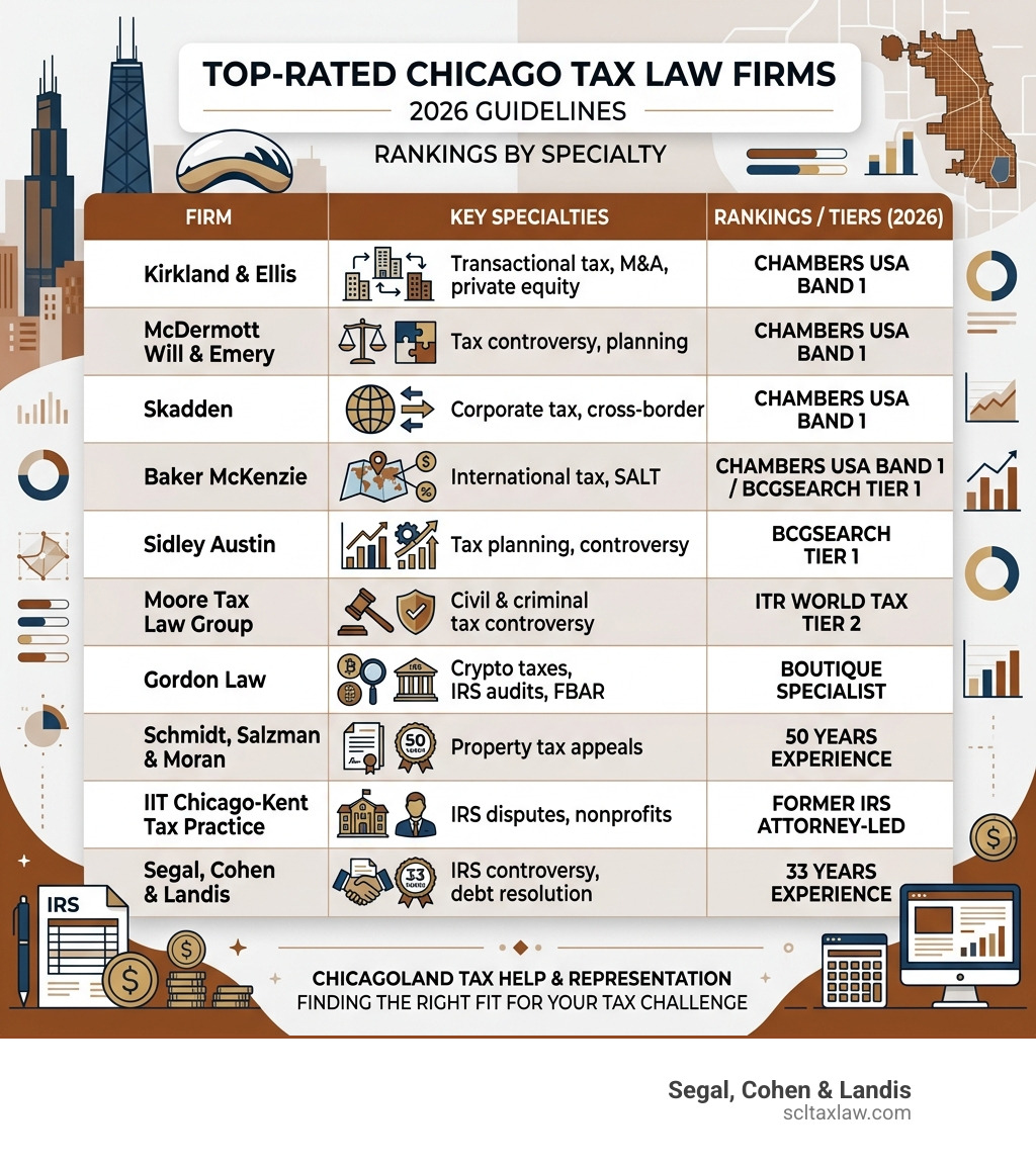 Infographic showing top Chicago tax law firms by specialty and 2026 rankings - chicago tax law firms infographic 