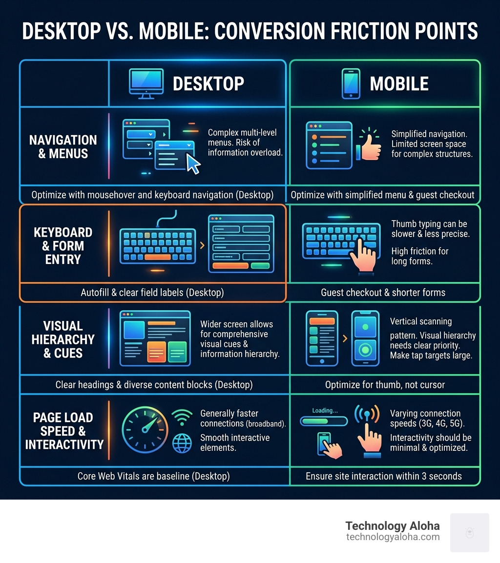 Table comparing desktop vs. mobile conversion friction points like keyboard entry and navigation - conversion focused Table comparing desktop vs. mobile conversion friction points like keyboard entry and navigation - conversion focused
