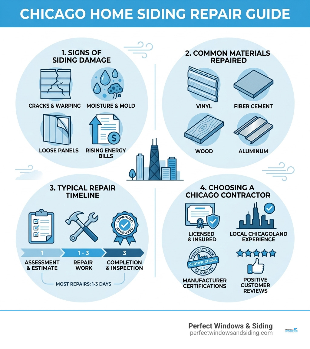 Infographic showing key signs of siding damage, common materials, repair timeline, and how to choose a Chicago contractor