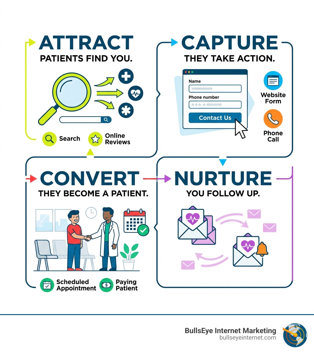 Patient lead generation lifecycle infographic showing attract, capture, nurture, and convert stages - Lead generation for