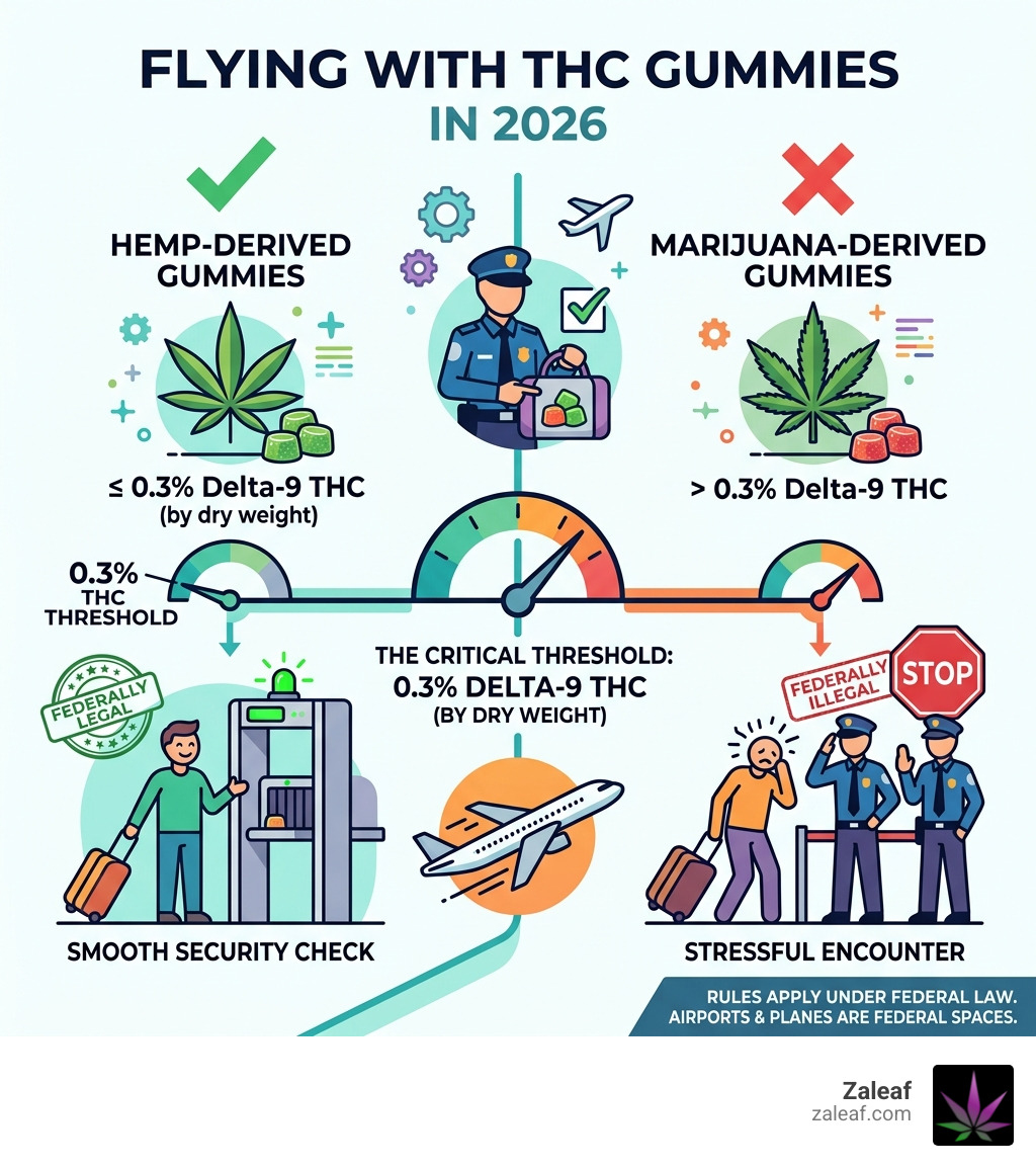 Infographic showing 0.3% Delta-9 THC threshold rule for flying with hemp gummies in 2026 - can you take thc gummies on
