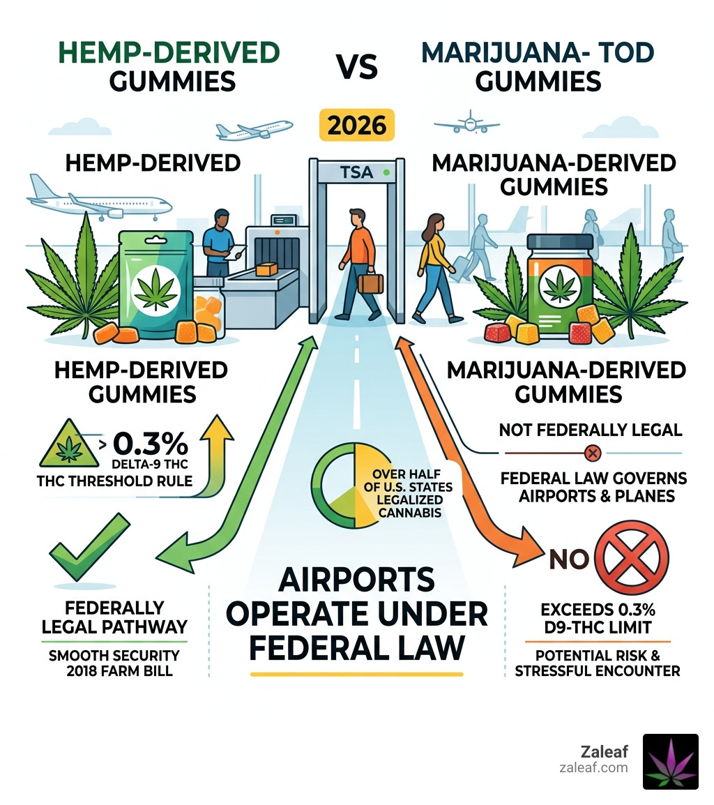 Comparing hemp-derived vs marijuana-derived gummy legality - can you take thc gummies on flights infographic 