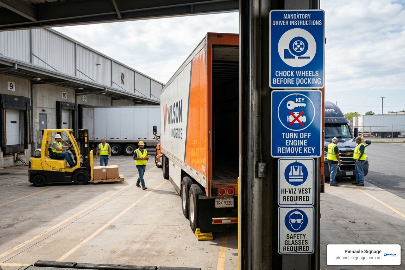A series of blue and white trucking safety signs at a loading dock, detailing mandatory driver instructions and PPE requirements.