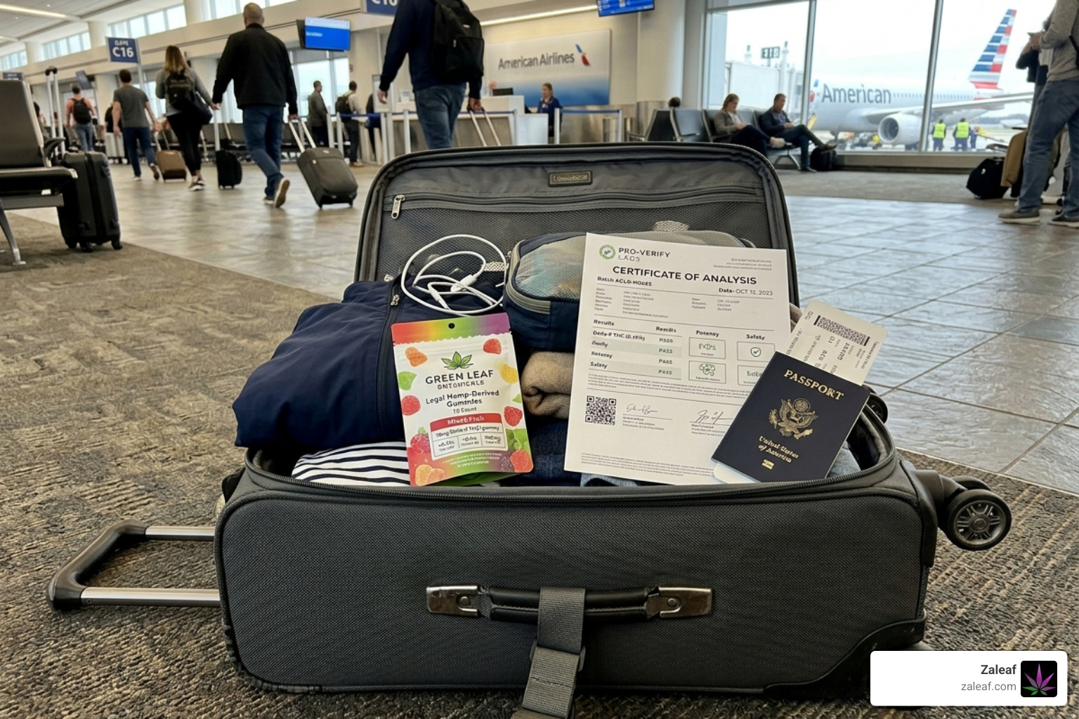 Traveler's carry-on bag with legal hemp gummies and documentation - can you take thc gummies on flights