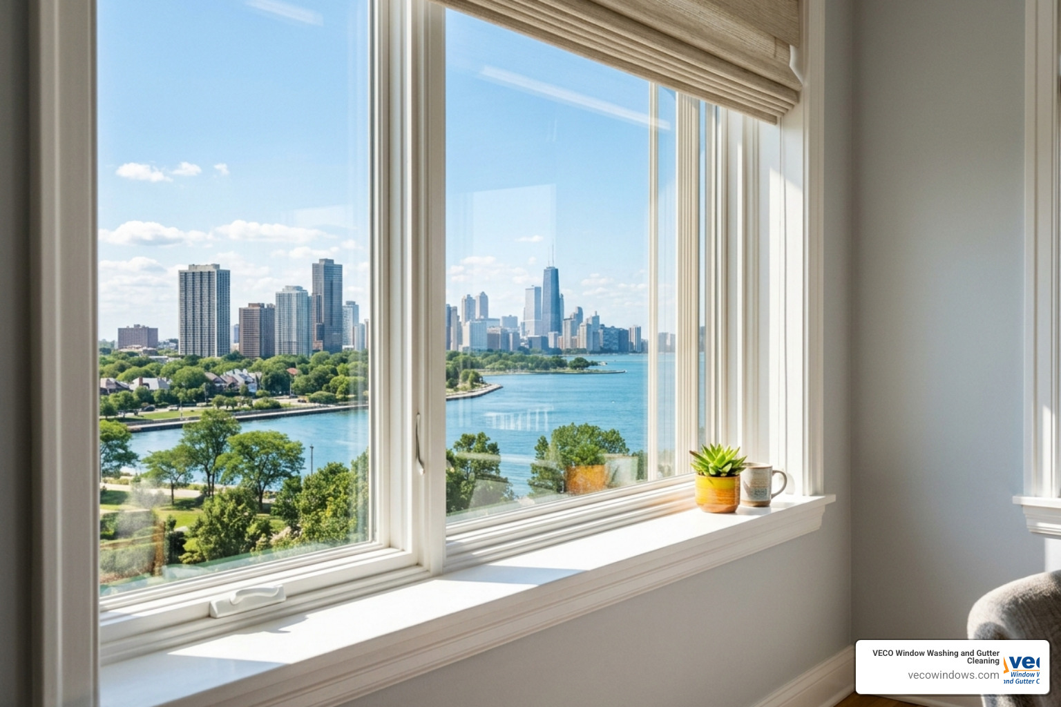 Residential window reflecting the North Shore skyline - north shore window cleaning