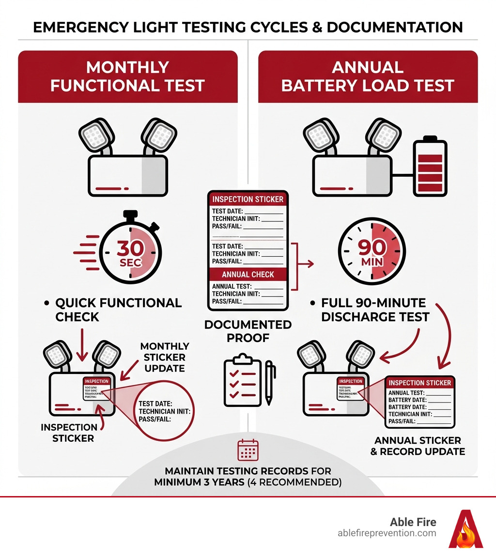 Infographic showing 30-second monthly vs 90-minute annual emergency light testing cycle and sticker documentation