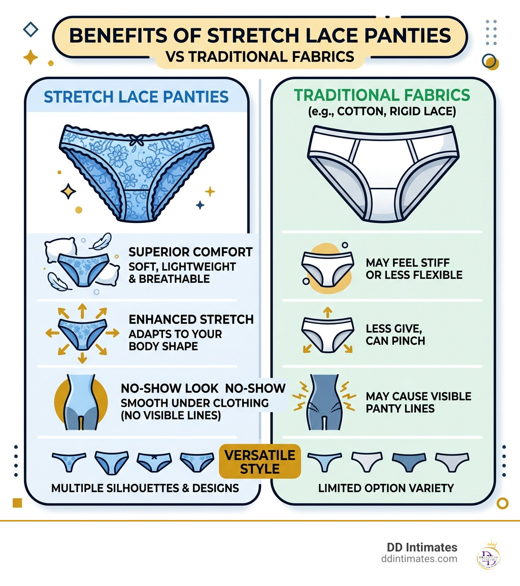 Infographic showing benefits of stretch lace panties vs traditional fabrics: comfort, stretch, no-show, style options