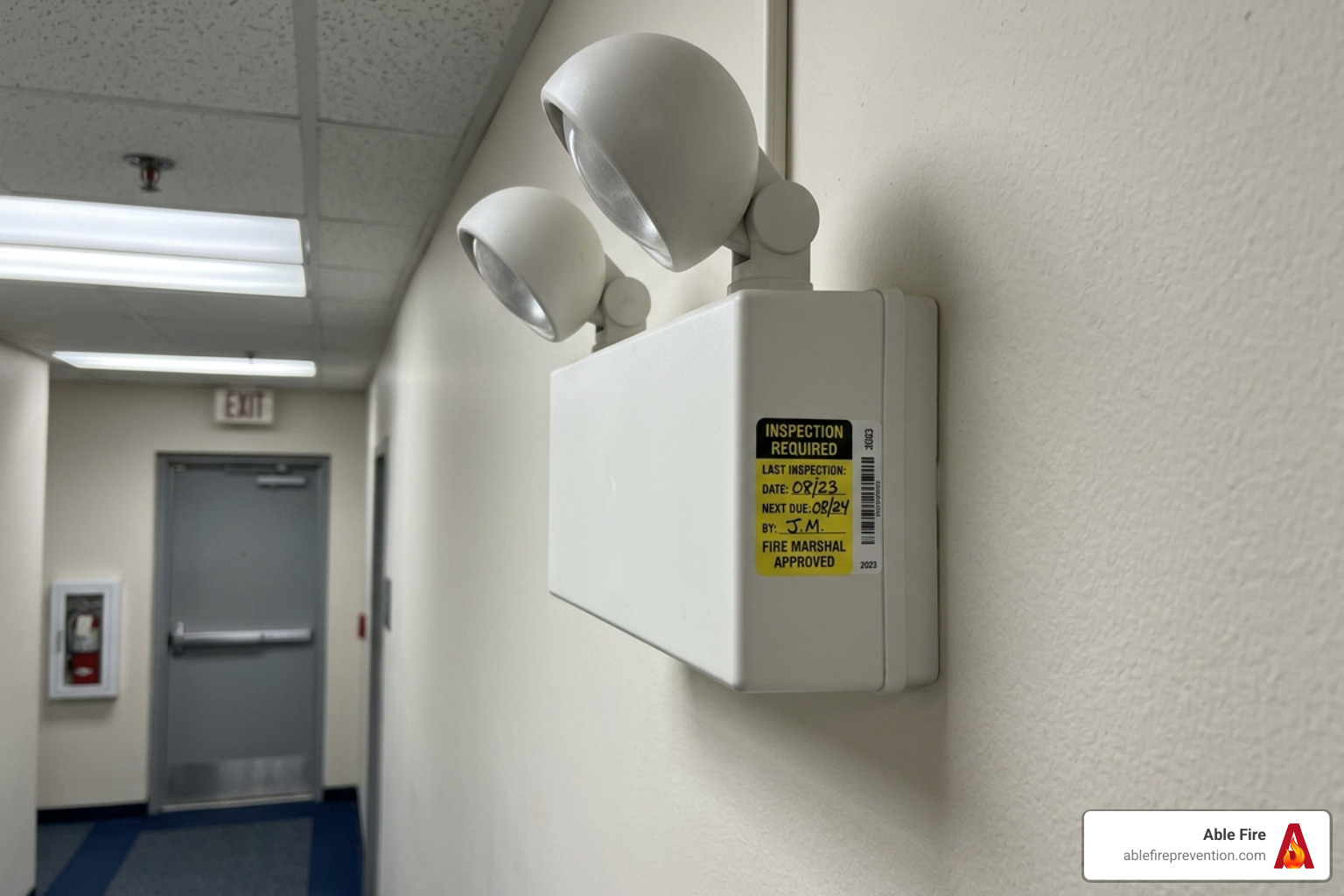 Graphic showing correct sticker placement on the side of a dual-head emergency light fixture for maximum visibility