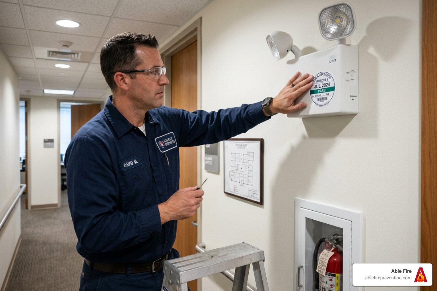 Technician applying a custom printed inspection label to the side of a dual-head emergency light - emergency light