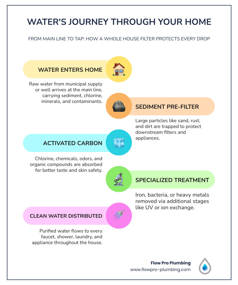 Infographic showing water journey from main line through whole house filter stages to household taps - is whole house water Infographic showing water journey from main line through whole house filter stages to household taps - is whole house water