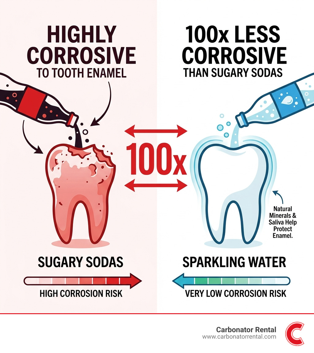 Infographic showing that sparkling water is 100x less corrosive to tooth enamel than sugary sodas - soda water co2 Infographic showing that sparkling water is 100x less corrosive to tooth enamel than sugary sodas - soda water co2