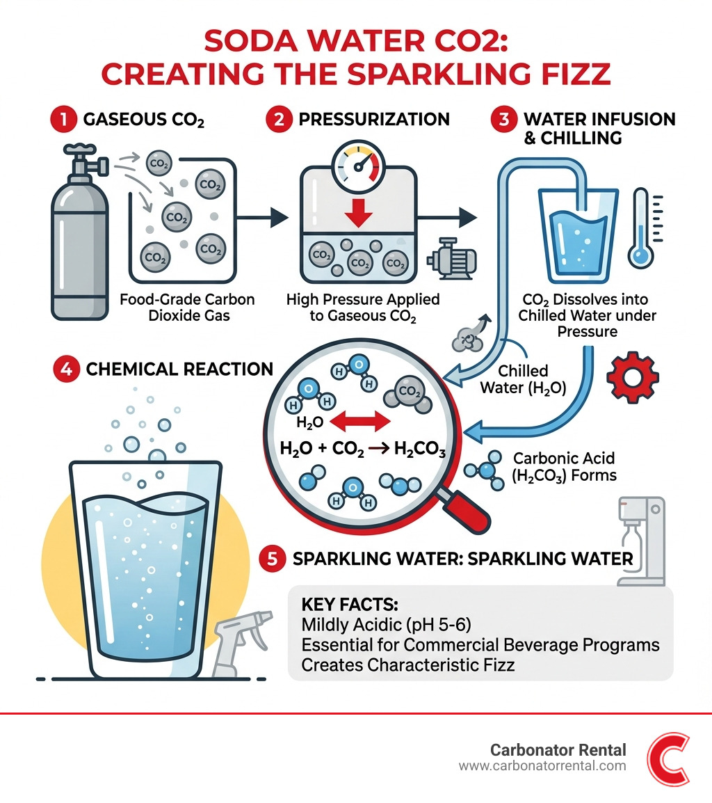 Infographic showing CO2 dissolving in water under pressure to form carbonic acid and create sparkling water - soda water co2 Infographic showing CO2 dissolving in water under pressure to form carbonic acid and create sparkling water - soda water co2