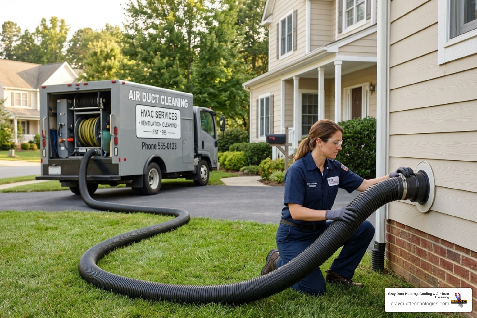 professional negative pressure duct cleaning process showing industrial vacuum hose attached to home ductwork - what is the