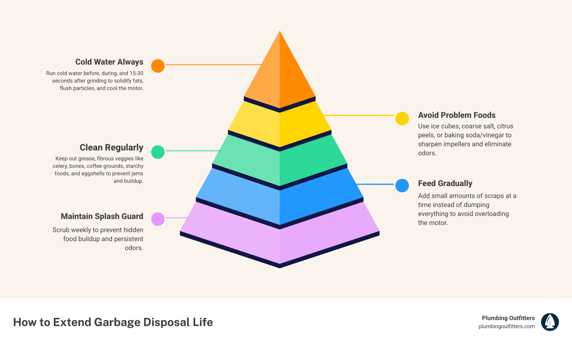 Infographic: 7 key habits to extend garbage disposal lifespan including cold water use, prohibited foods, and cleaning Infographic: 7 key habits to extend garbage disposal lifespan including cold water use, prohibited foods, and cleaning