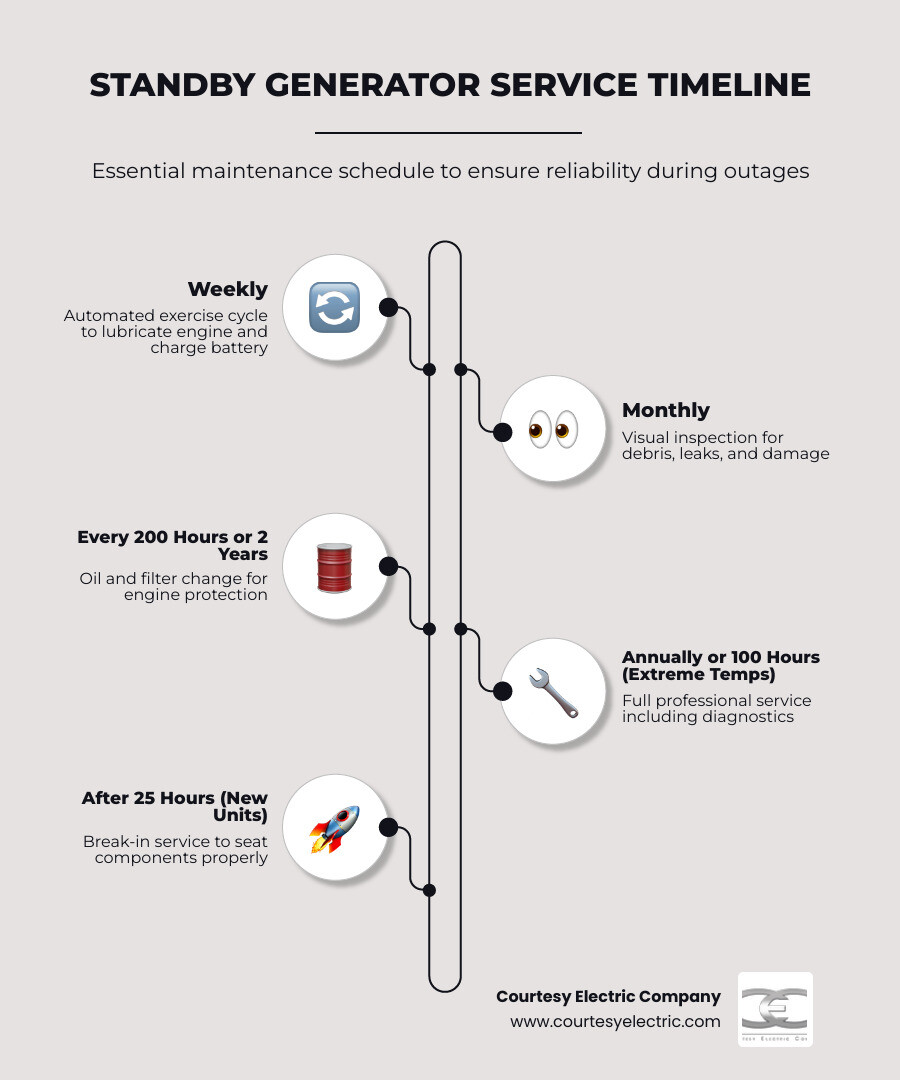 Standby generator service schedule infographic showing monthly, annual, and run-hour-based maintenance intervals - how often