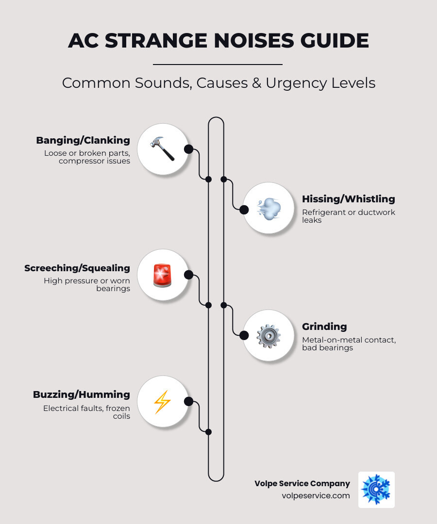 AC noise guide infographic showing common sounds, their causes, and urgency levels for homeowners - ac making strange noises AC noise guide infographic showing common sounds, their causes, and urgency levels for homeowners - ac making strange noises
