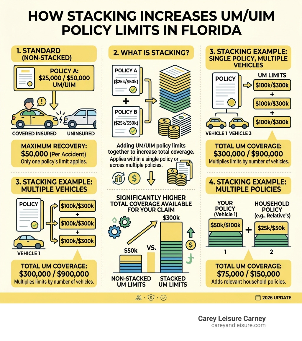 infographic showing how stacking increases policy limits - Uninsured motorist accident lawyer infographic 