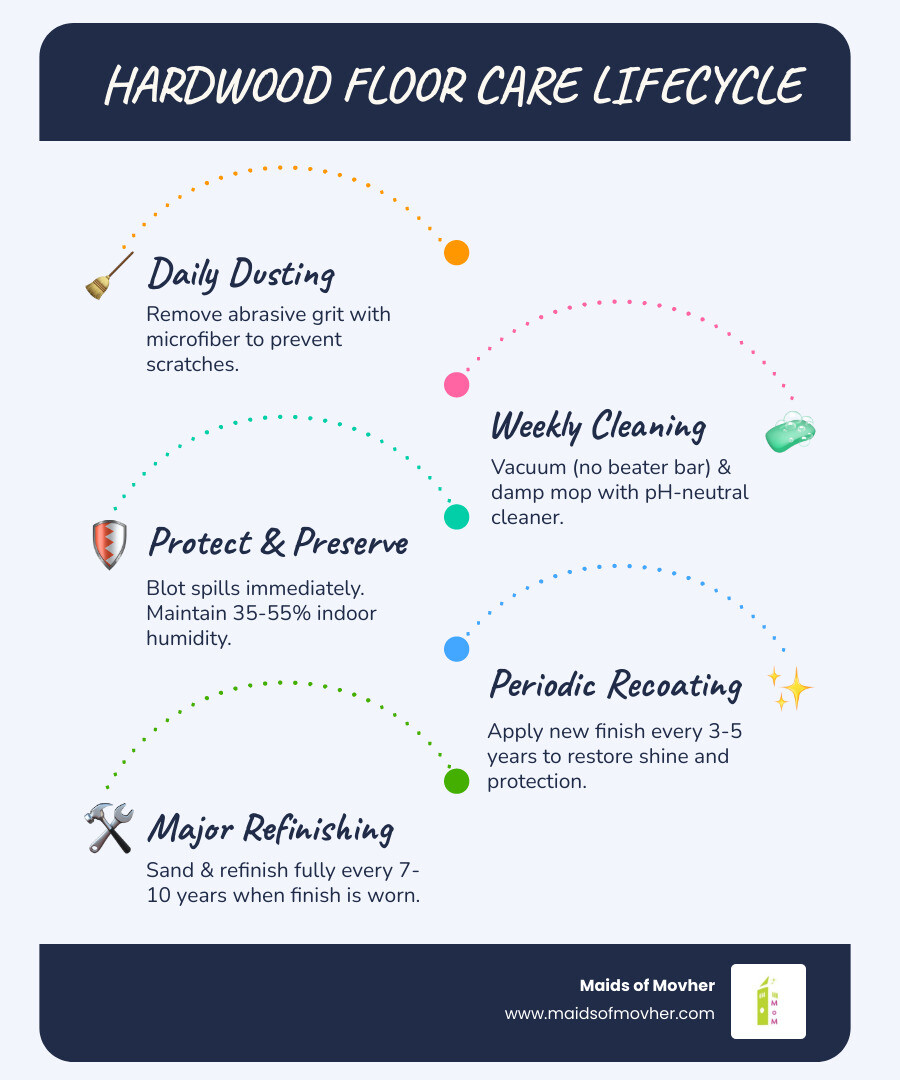 Hardwood floor maintenance lifecycle infographic showing daily to yearly care schedule - best way to maintain hardwood Hardwood floor maintenance lifecycle infographic showing daily to yearly care schedule - best way to maintain hardwood