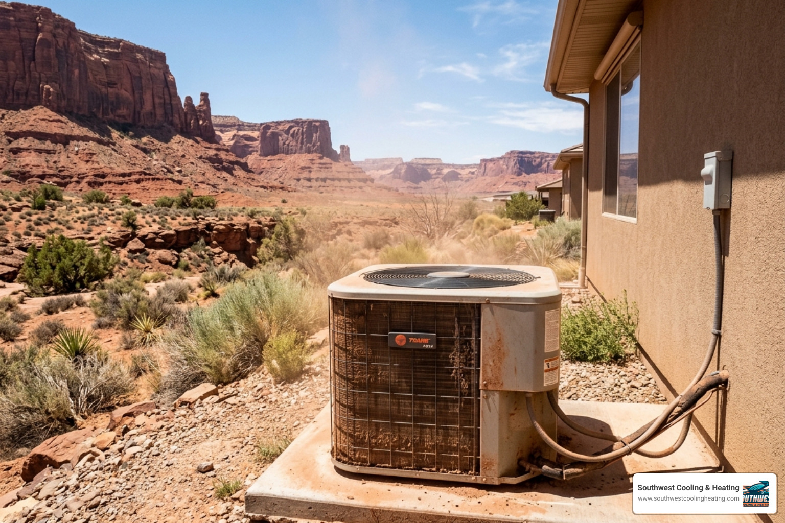 Outdoor AC unit in high-temperature desert conditions with heat haze - how southern utah desert heat affects your hvac system Outdoor AC unit in high-temperature desert conditions with heat haze - how southern utah desert heat affects your hvac system