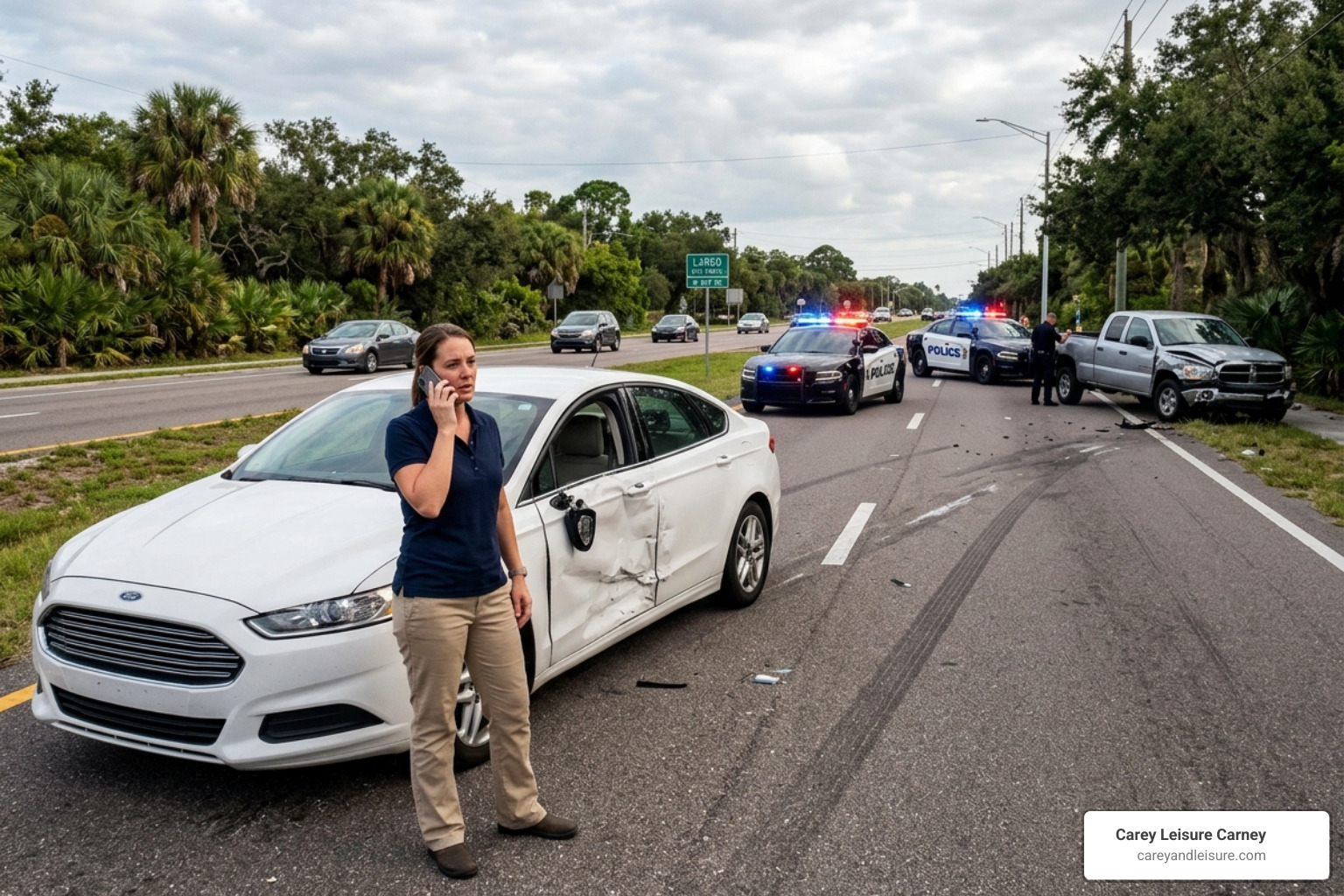 driver calling 911 after a car accident in Largo Florida - Uninsured motorist accident lawyer