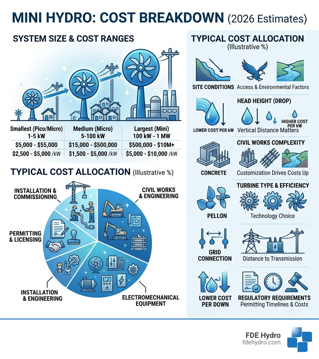 Mini hydro cost breakdown infographic showing system size, cost ranges, and key cost drivers - cost of mini hydro power