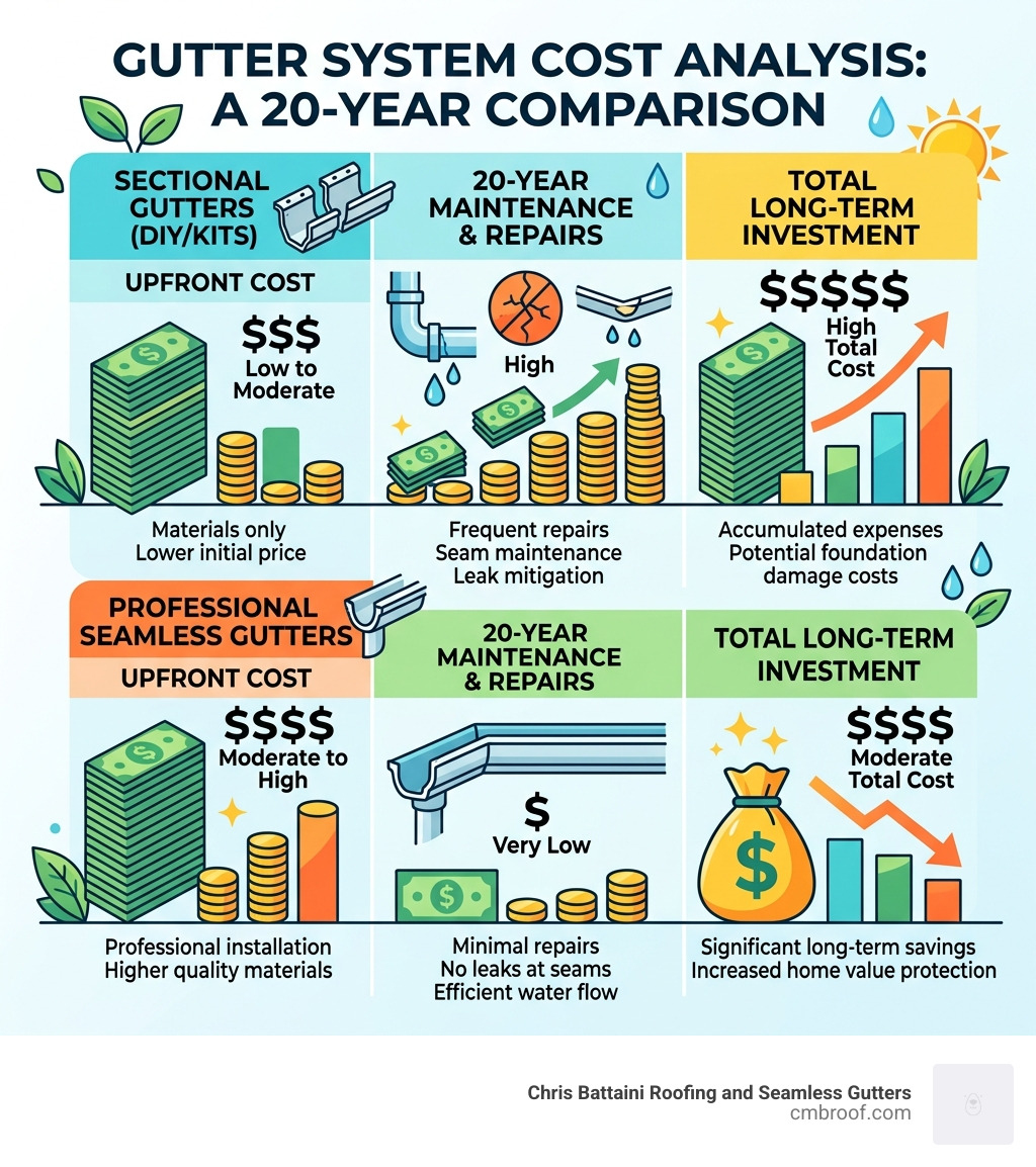 Table comparing initial installation costs vs. 20-year maintenance savings - Seamless gutters benefits? infographic 