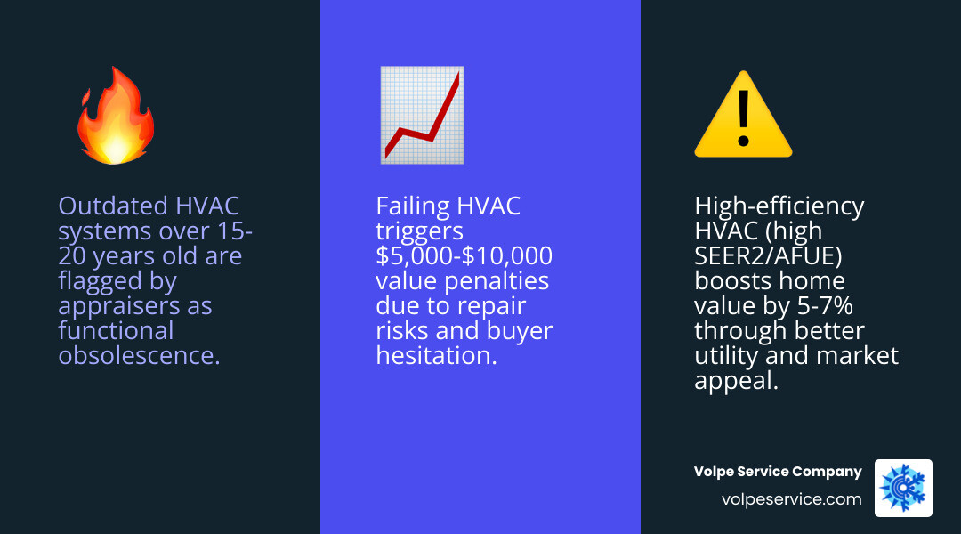 Infographic showing top 5 HVAC factors appraisers evaluate: system age, efficiency ratings, physical condition Infographic showing top 5 HVAC factors appraisers evaluate: system age, efficiency ratings, physical condition