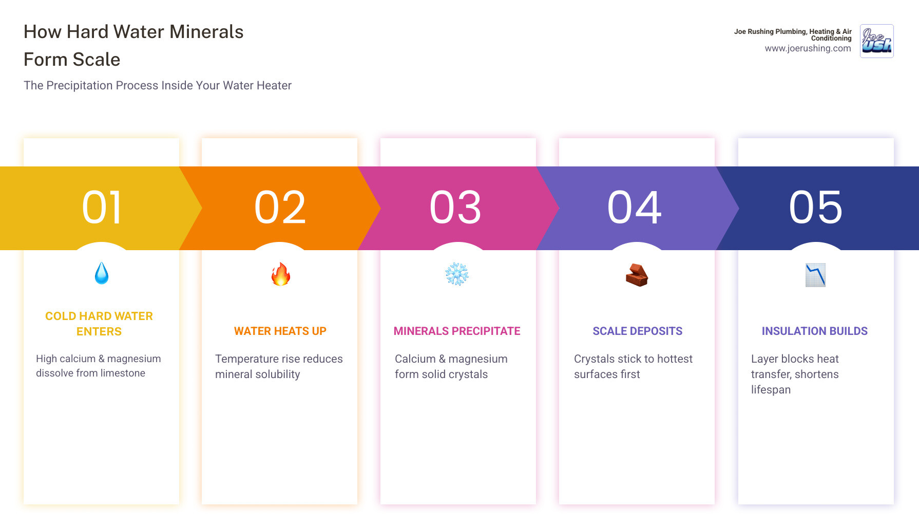 Infographic showing how hard water minerals precipitate and form scale inside a water heater tank, reducing lifespan - how