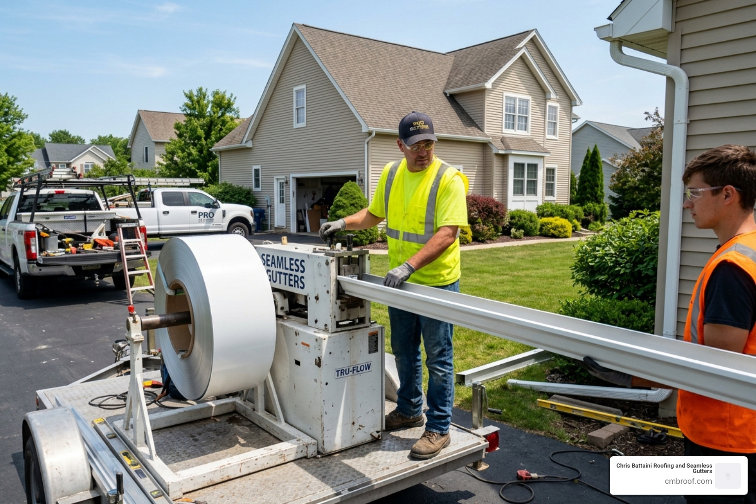 professional gutter machine fabricating gutters on-site - Seamless gutters benefits?