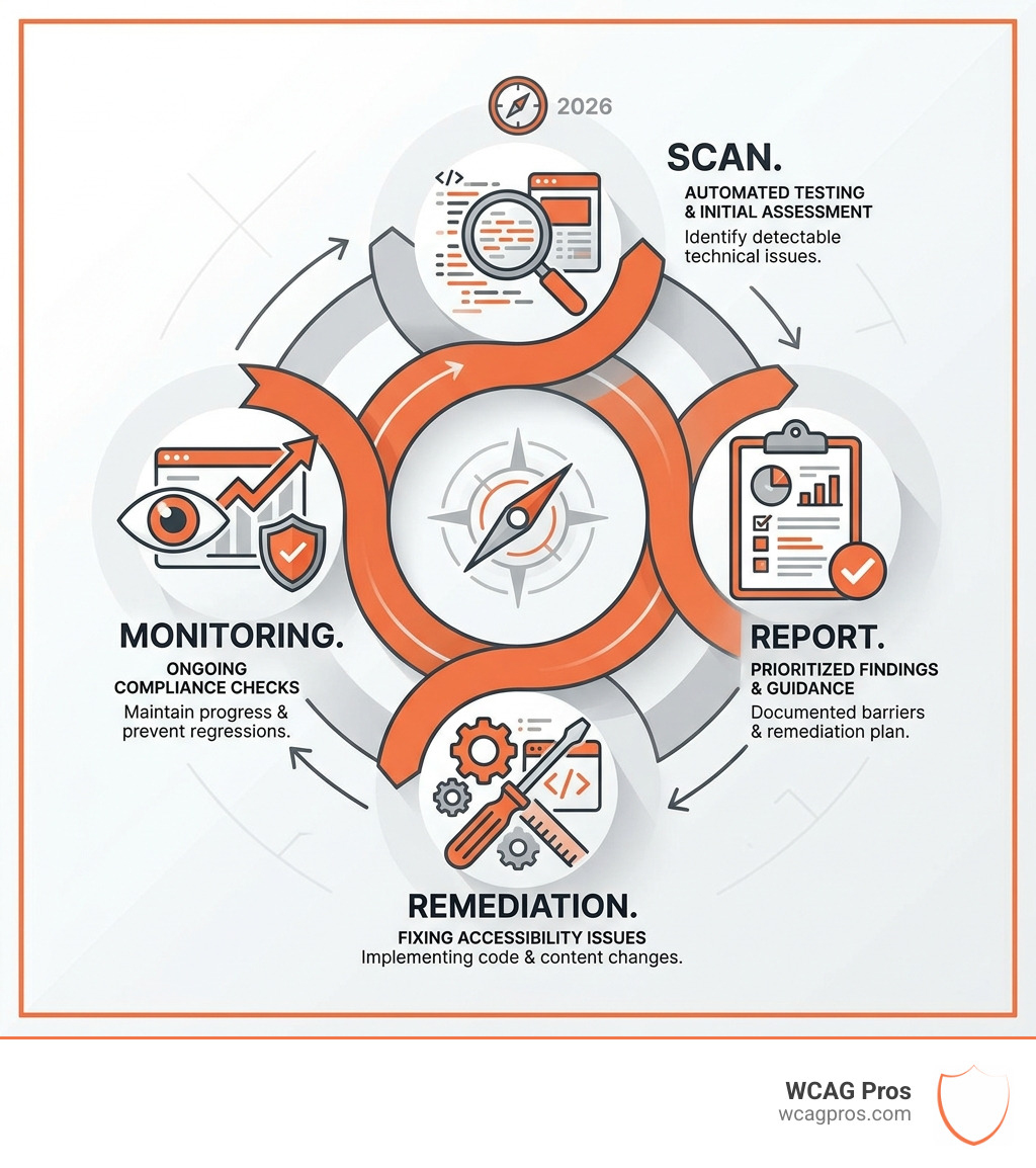 Infographic showing accessibility audit lifecycle from scan to report to remediation to monitoring - what is an Infographic showing accessibility audit lifecycle from scan to report to remediation to monitoring - what is an