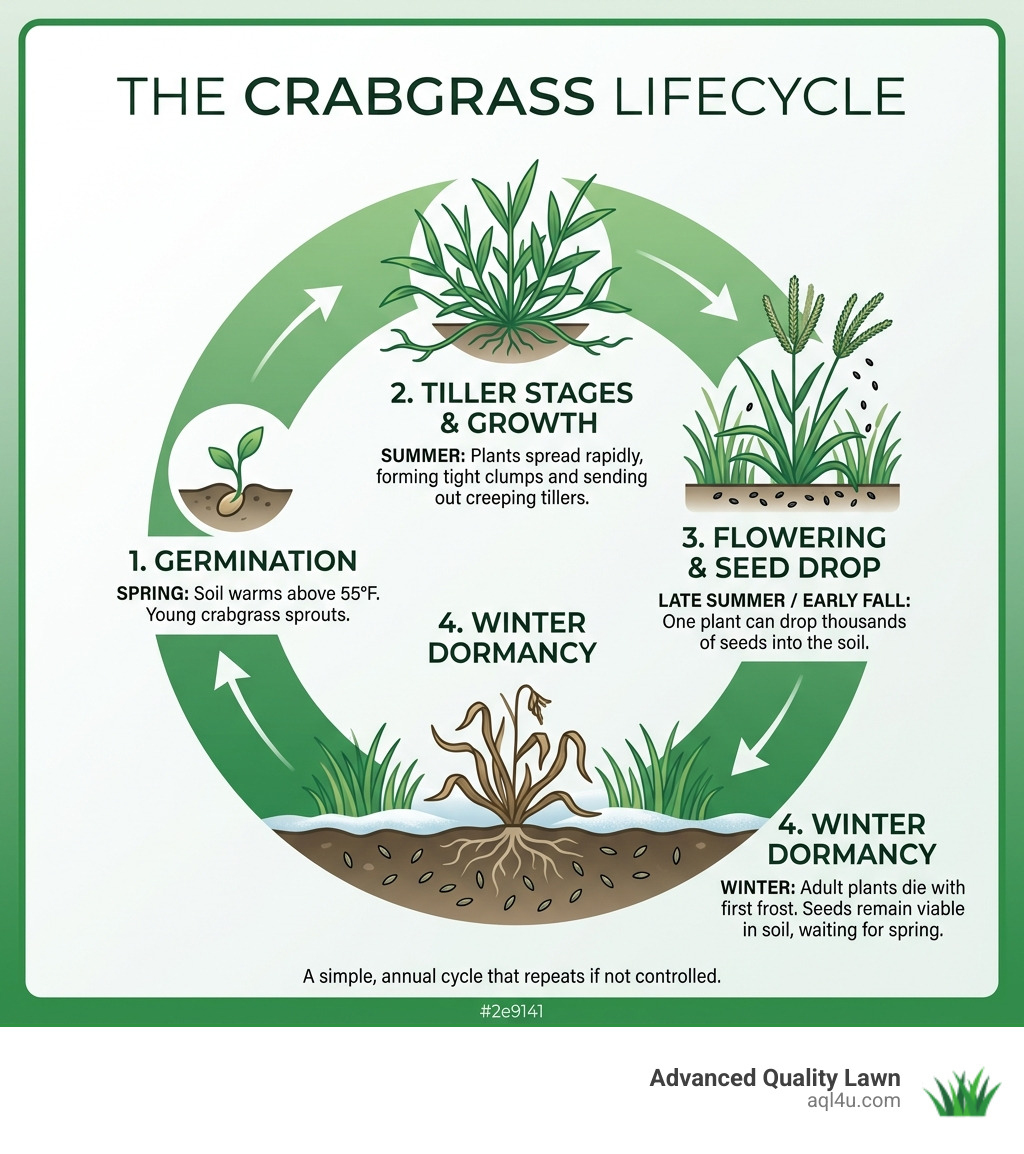 Crabgrass lifecycle infographic showing germination, tiller stages, seed drop, and winter dormancy - best crabgrass killer