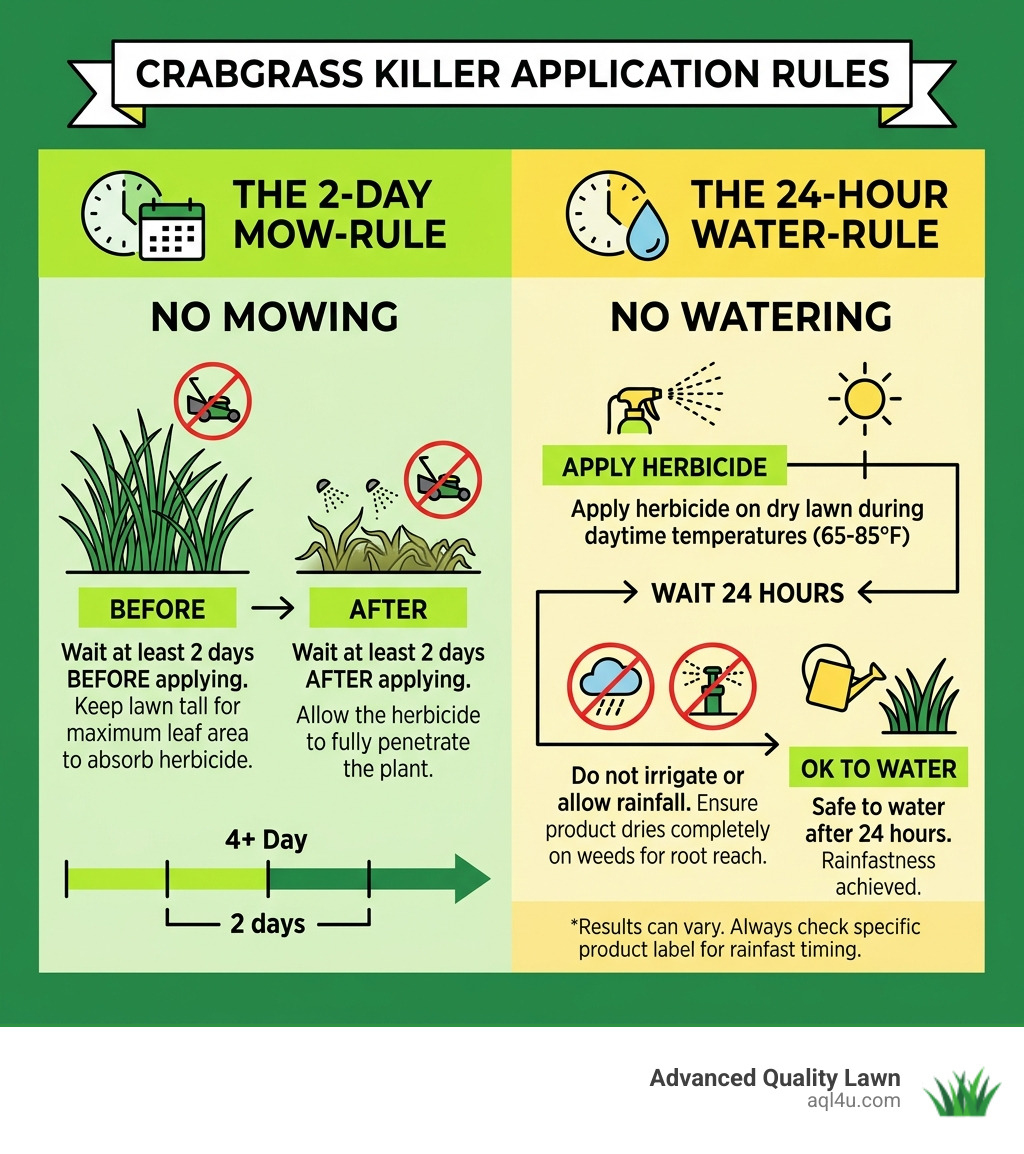 Infographic showing the 2-day mow-rule and 24-hour water-rule for herbicide application - best crabgrass killer for lawns