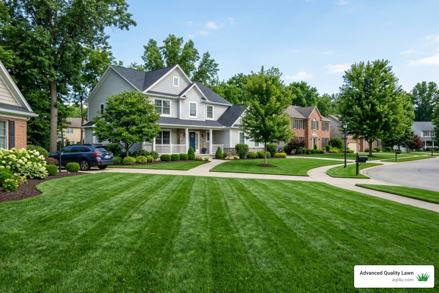 A beautiful, weed-free lawn in a Northeast Ohio neighborhood - best crabgrass killer for lawns