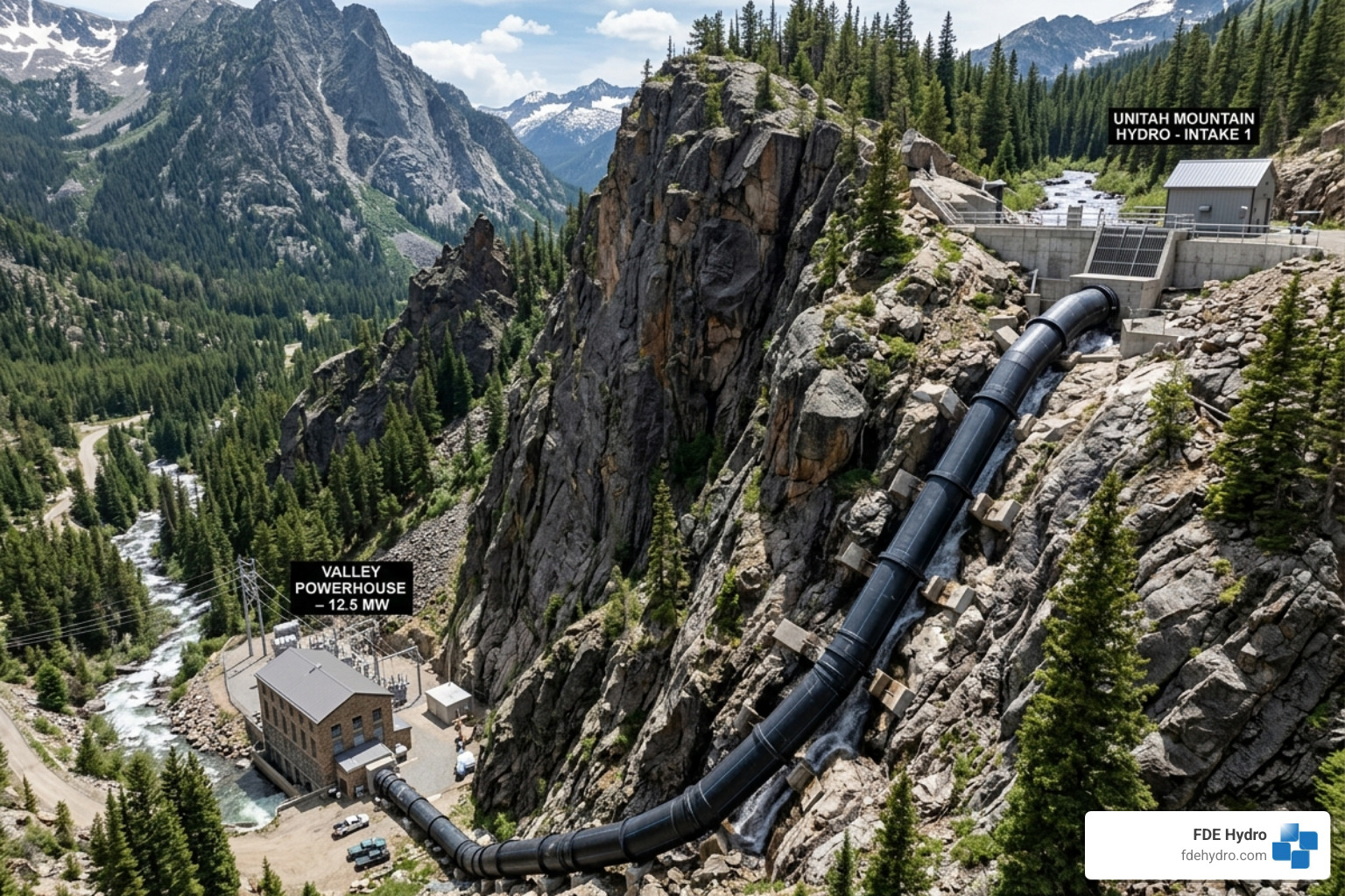 High-head penstock installation showing steep vertical drop for maximum power - cost of mini hydro power plant