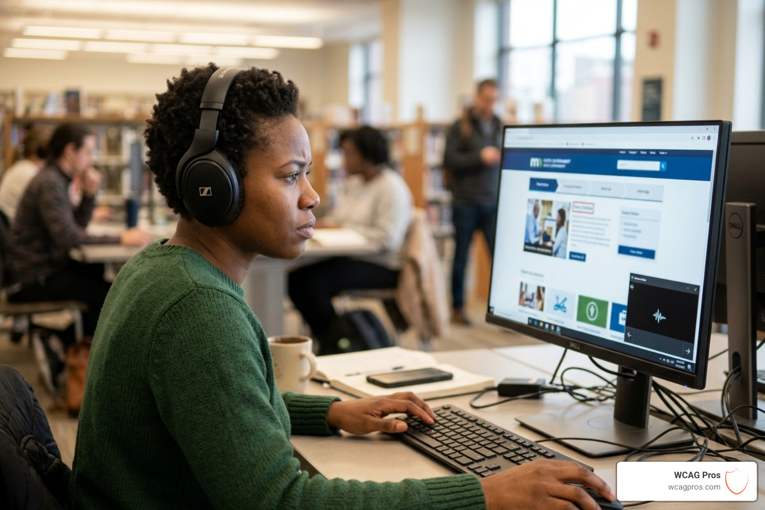 Person using a screen reader with headphones while navigating a website - what is an accessibility audit Person using a screen reader with headphones while navigating a website - what is an accessibility audit