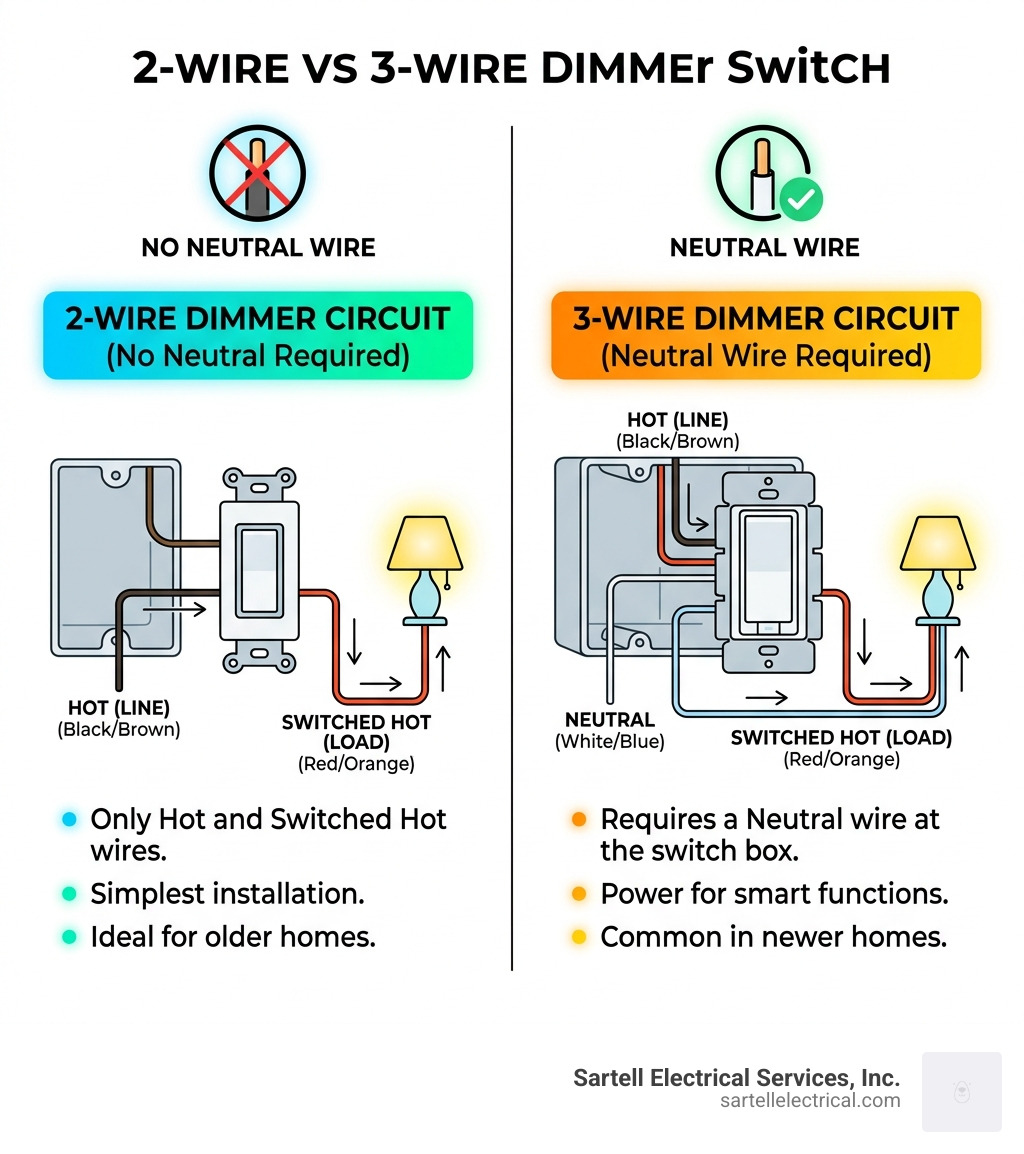 Infographic comparing 2-wire vs 3-wire dimmer switch circuits, showing neutral wire presence - 2 wire dimmer switch