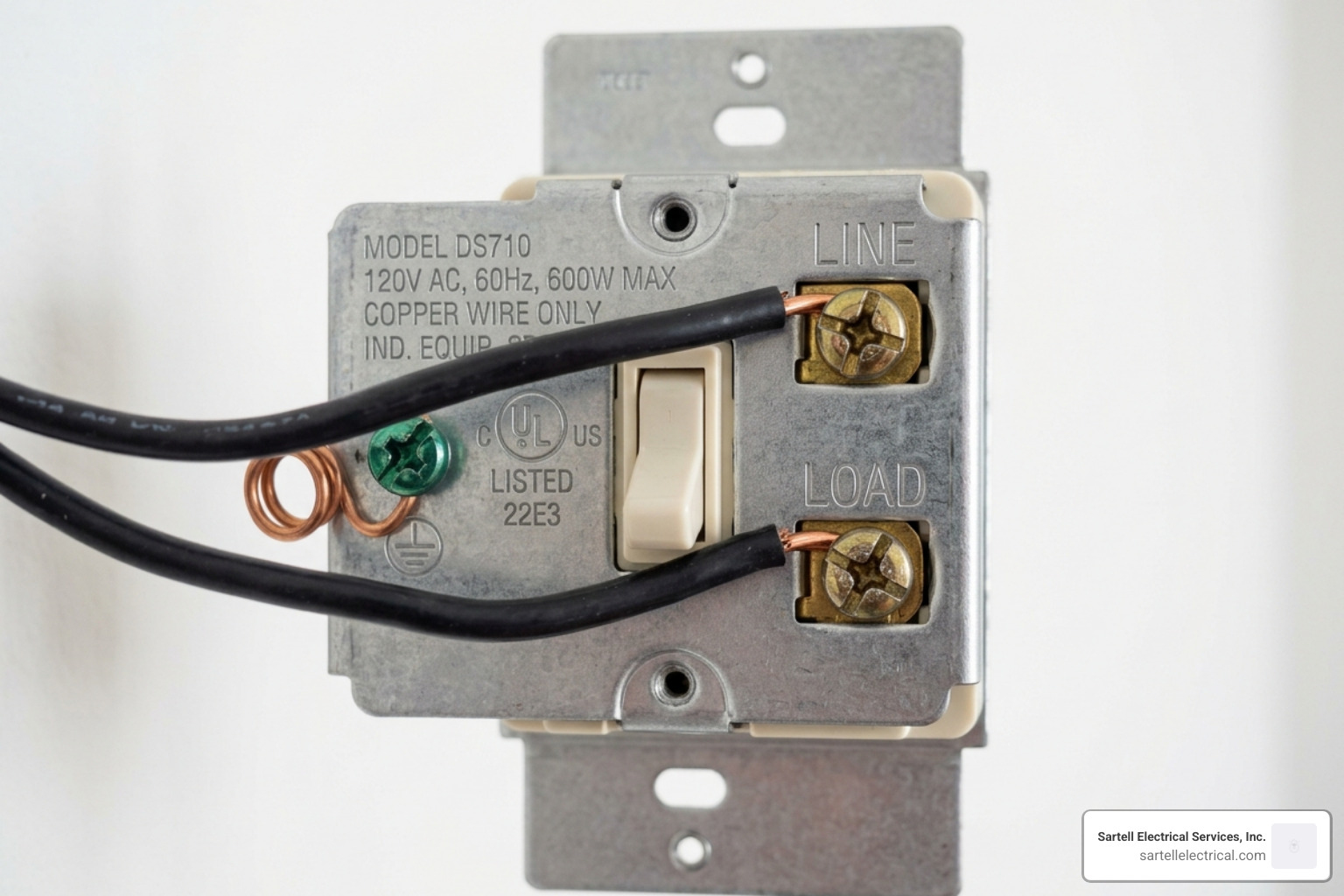 Close up of a 2-wire dimmer backplate showing line and load terminals - 2 wire dimmer switch