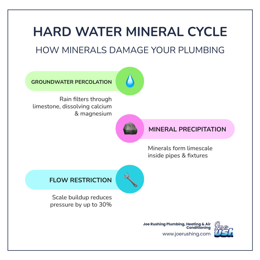 infographic showing the hard water mineral cycle from groundwater through pipes to fixtures and appliances - signs your hard