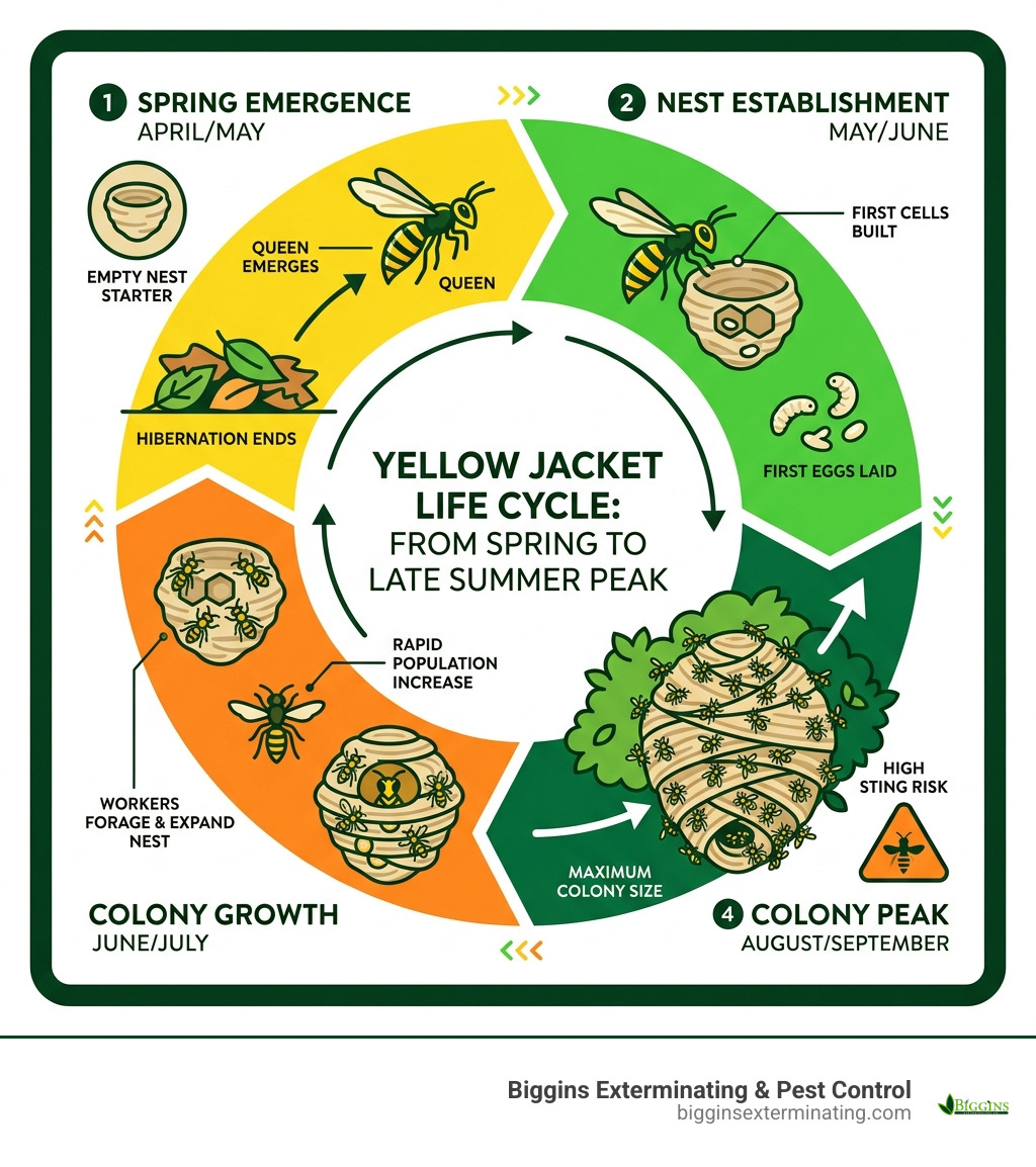 Yellow jacket life cycle infographic from queen emergence in spring to colony peak in late summer - bush yellow jacket