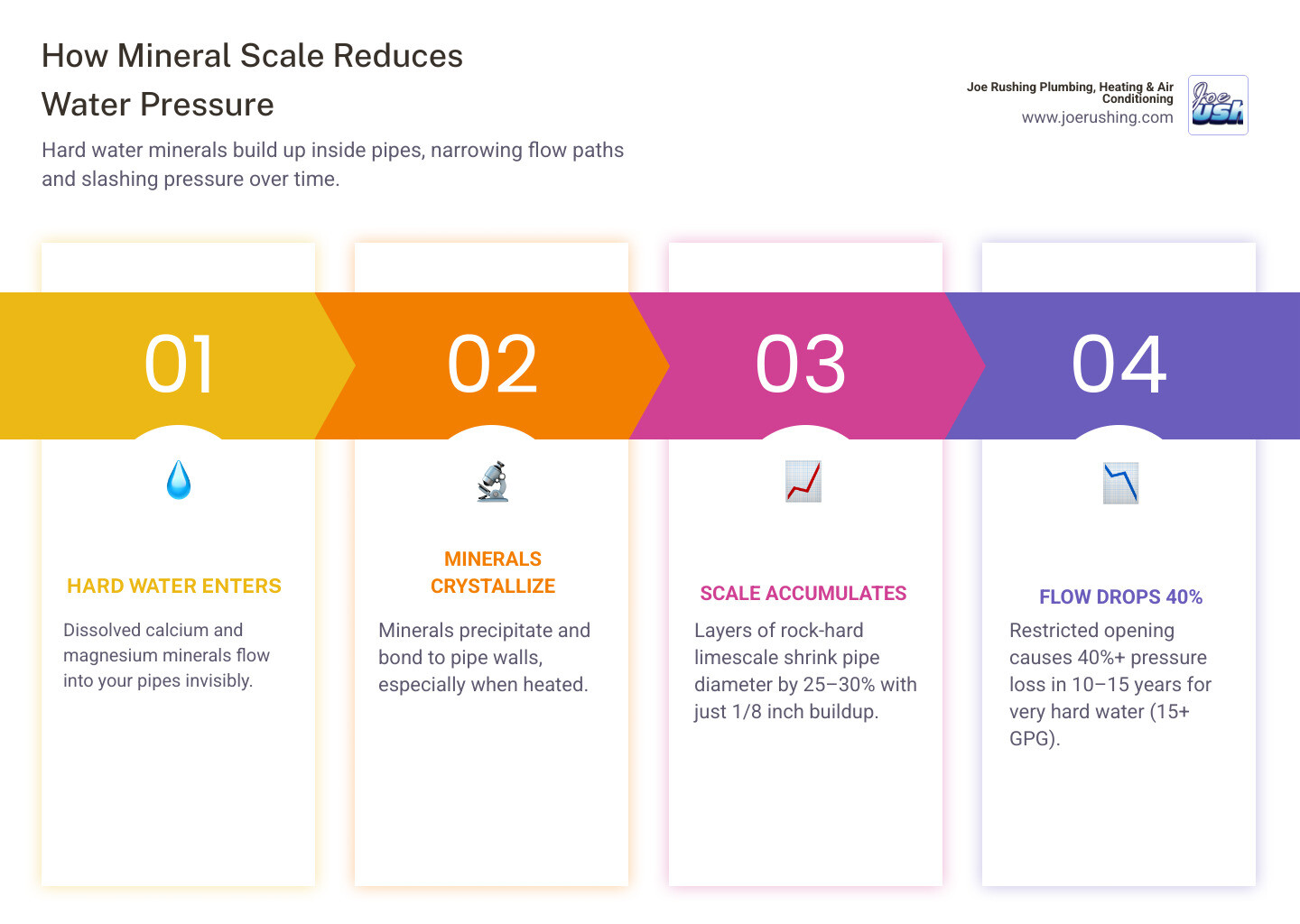 Infographic showing how mineral scale forms in pipes and reduces water pressure step by step - how mineral scale reduces Infographic showing how mineral scale forms in pipes and reduces water pressure step by step - how mineral scale reduces