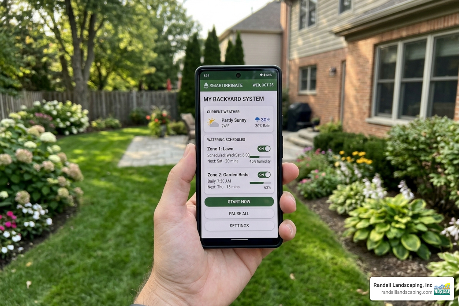 Smartphone app controlling a smart irrigation system - Landscape irrigation services