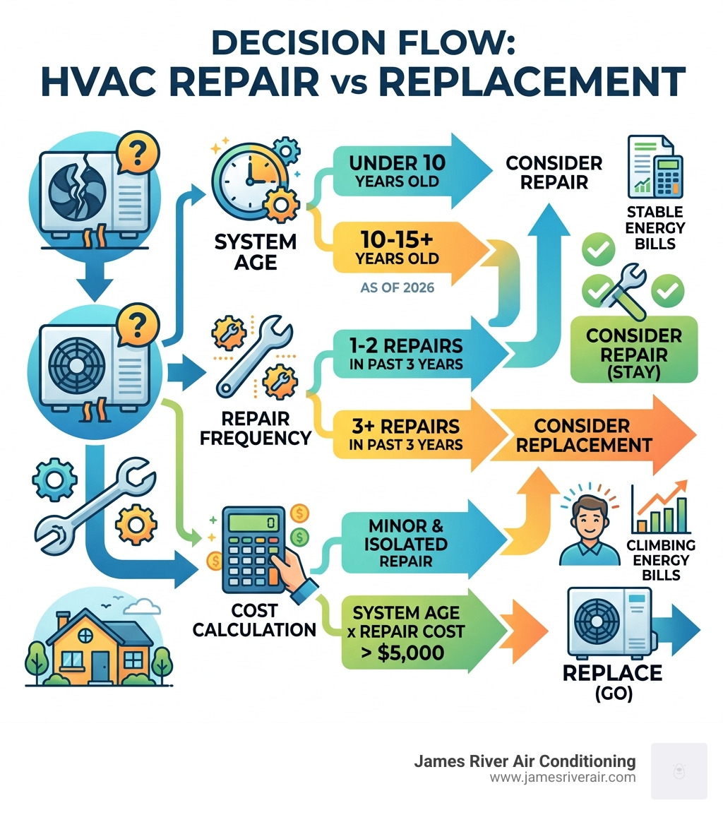 Decision flow infographic for HVAC repair vs replacement based on age, cost, and repair frequency - when to repair vs Decision flow infographic for HVAC repair vs replacement based on age, cost, and repair frequency - when to repair vs