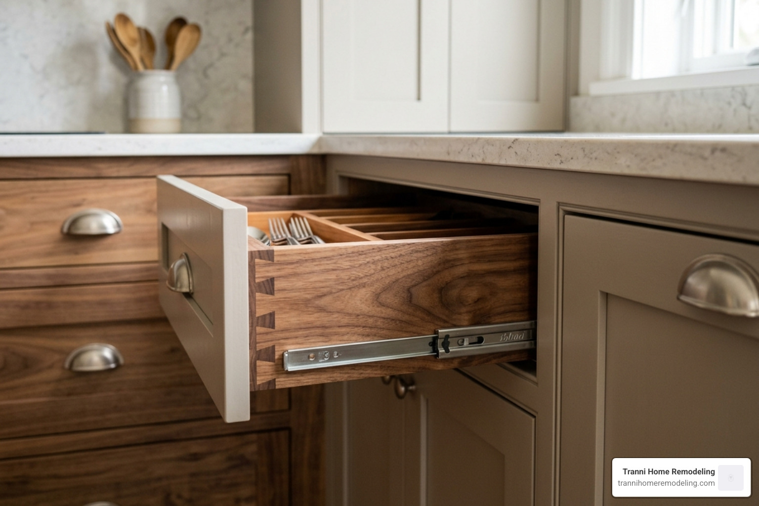 Close-up of bespoke cabinetry with dovetail joints and soft-close hardware - Custom kitchen Bedford MA