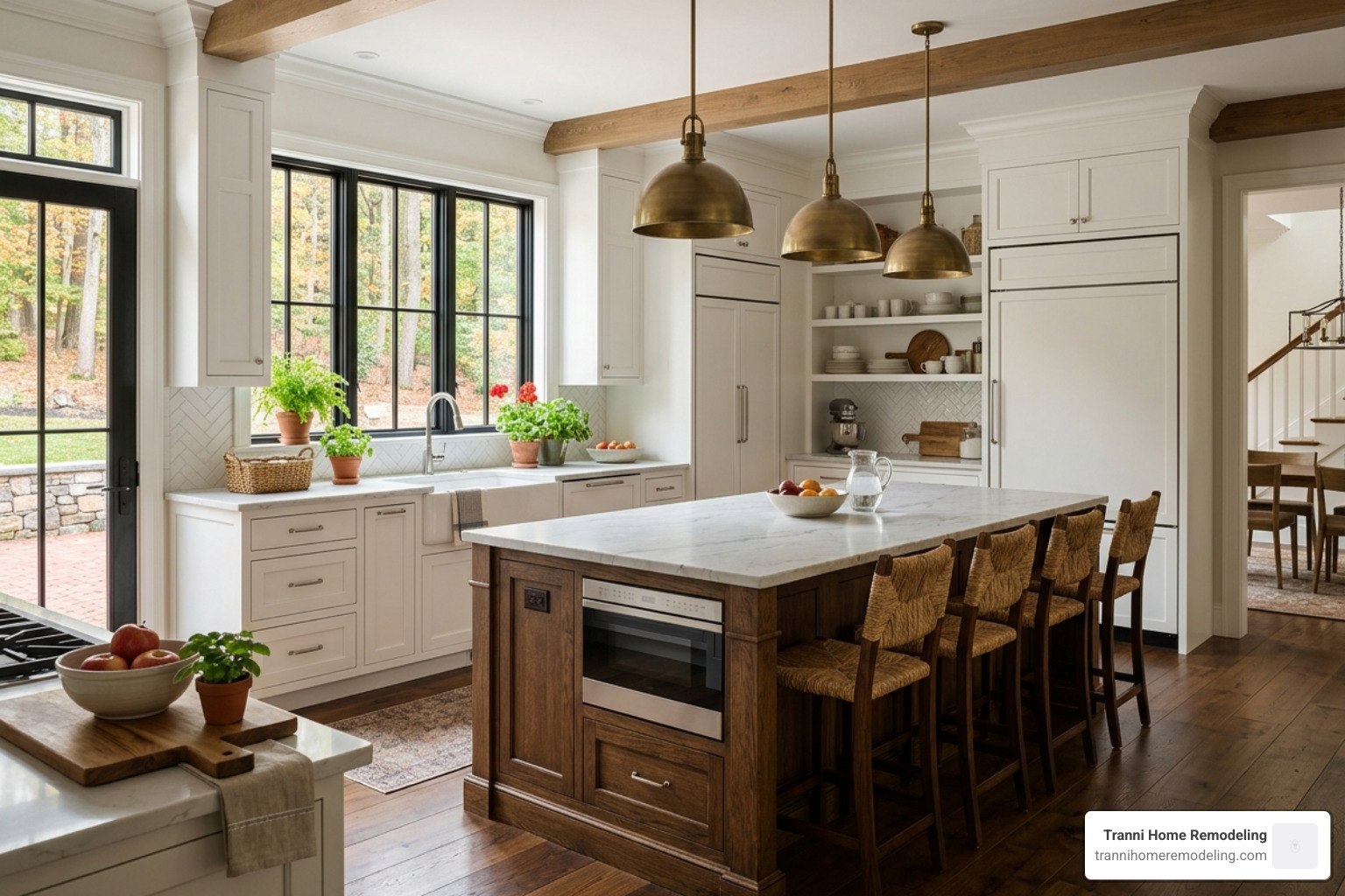 Modern Bedford kitchen featuring a large dark oak island and white perimeter cabinets - Custom kitchen Bedford MA