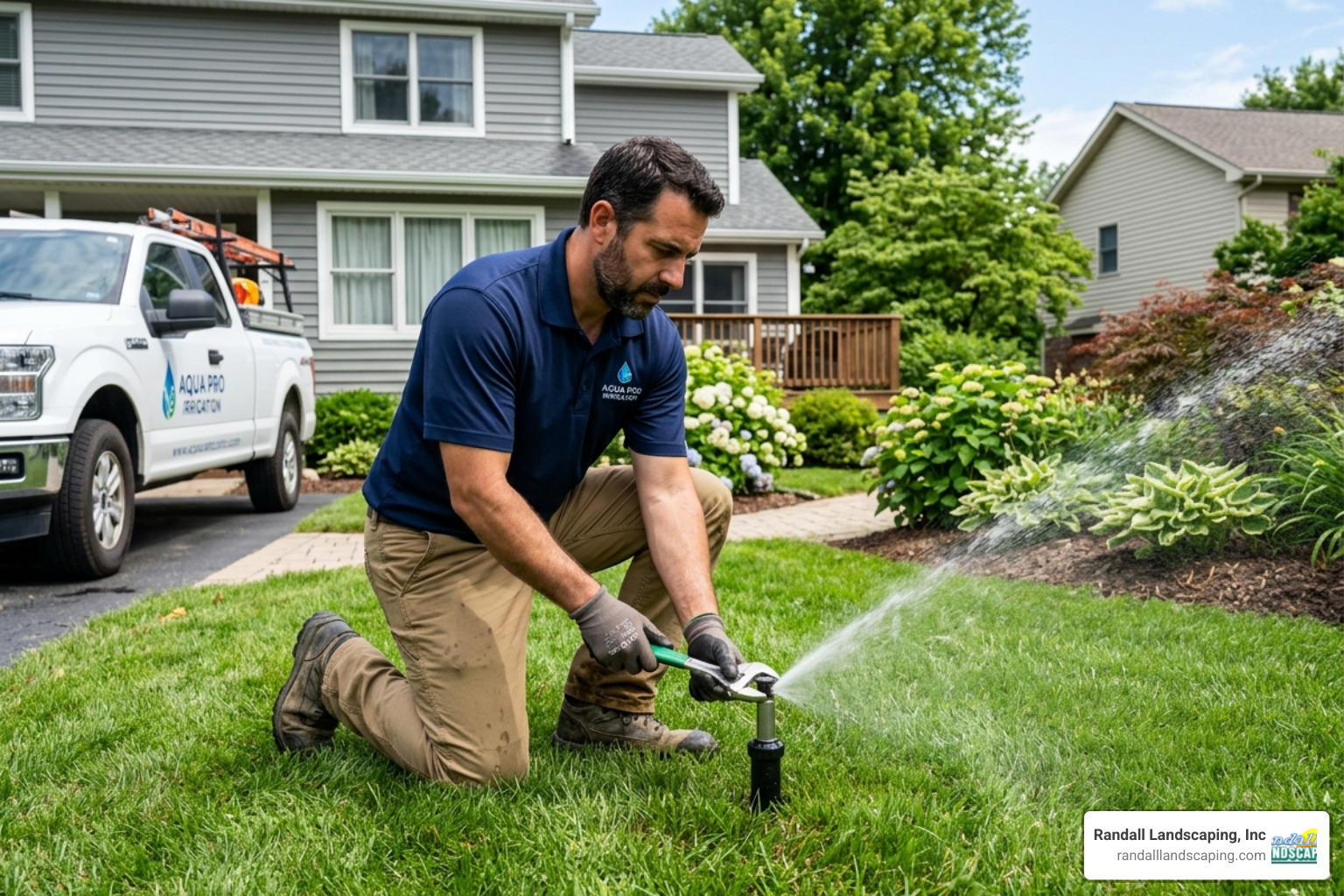 Technician adjusting a sprinkler head for optimal coverage - Landscape irrigation services