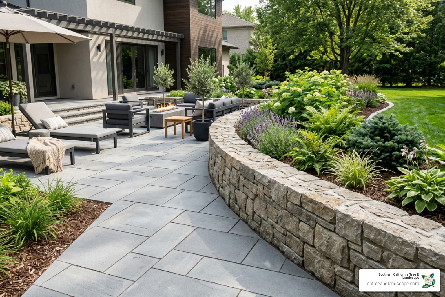 Modern hardscaping featuring stone pavers and a custom retaining wall - backyard oasis design torrance Modern hardscaping featuring stone pavers and a custom retaining wall - backyard oasis design torrance