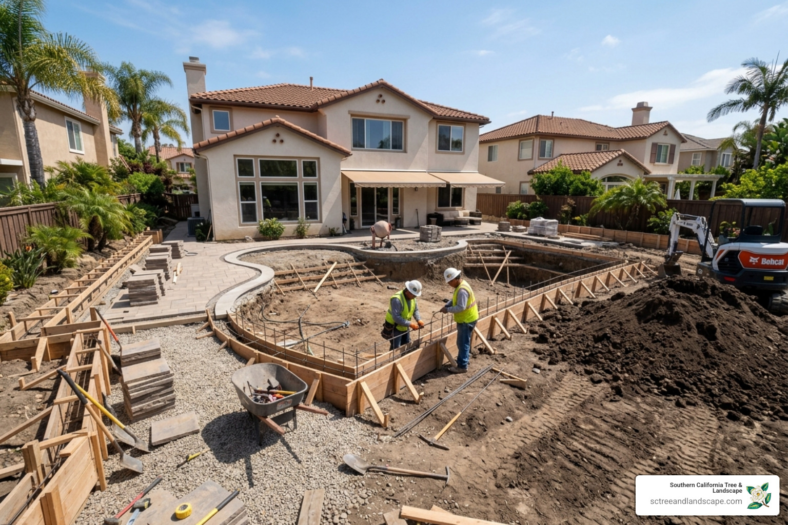 Backyard oasis under construction showing the excavation and initial hardscape framing - backyard oasis design torrance Backyard oasis under construction showing the excavation and initial hardscape framing - backyard oasis design torrance