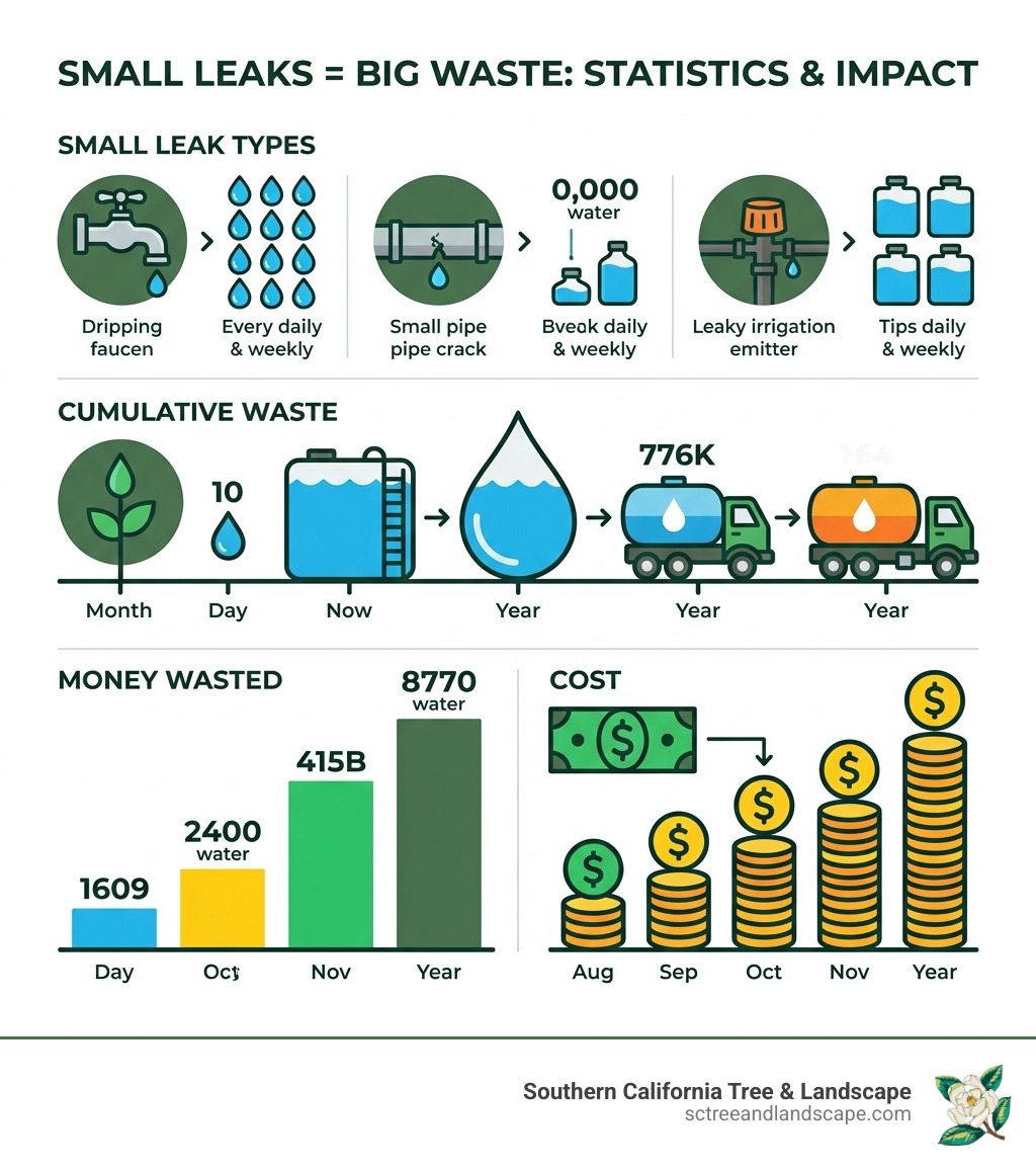 Statistics showing water waste from small leaks - drip irrigation system repair near me infographic 