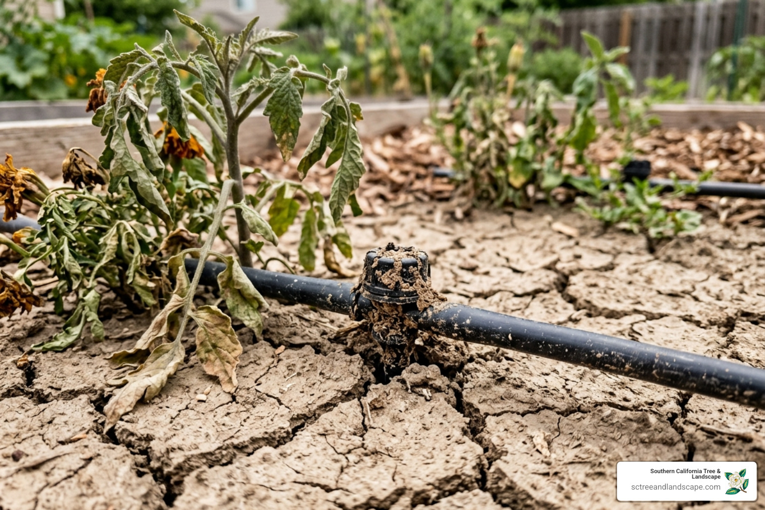 clogged drip irrigation emitter in dry soil - drip irrigation system repair near me